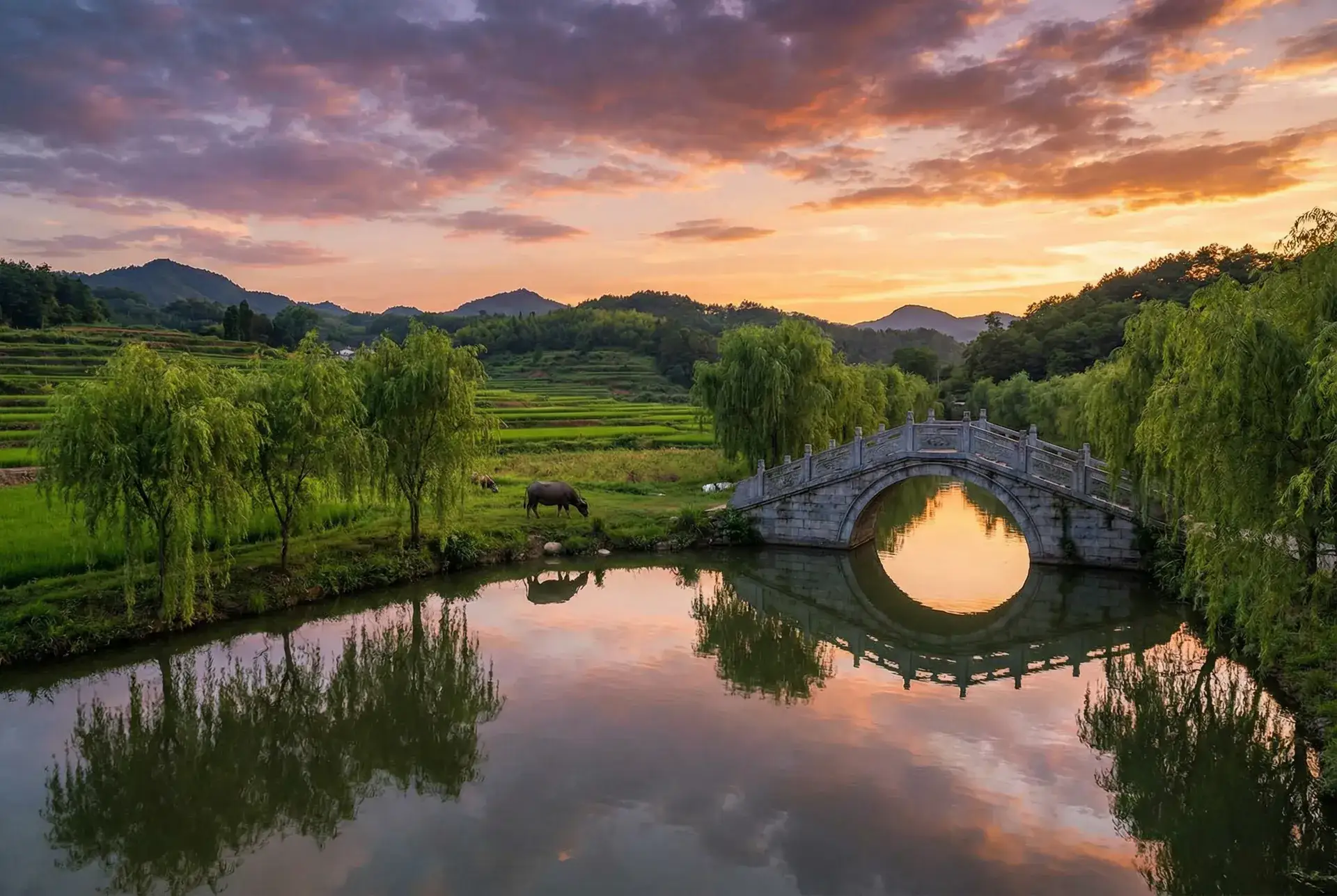 夕阳下的石拱桥与垂柳，水牛在河边吃草 - 色即是空1 韩国完整 乡村美景